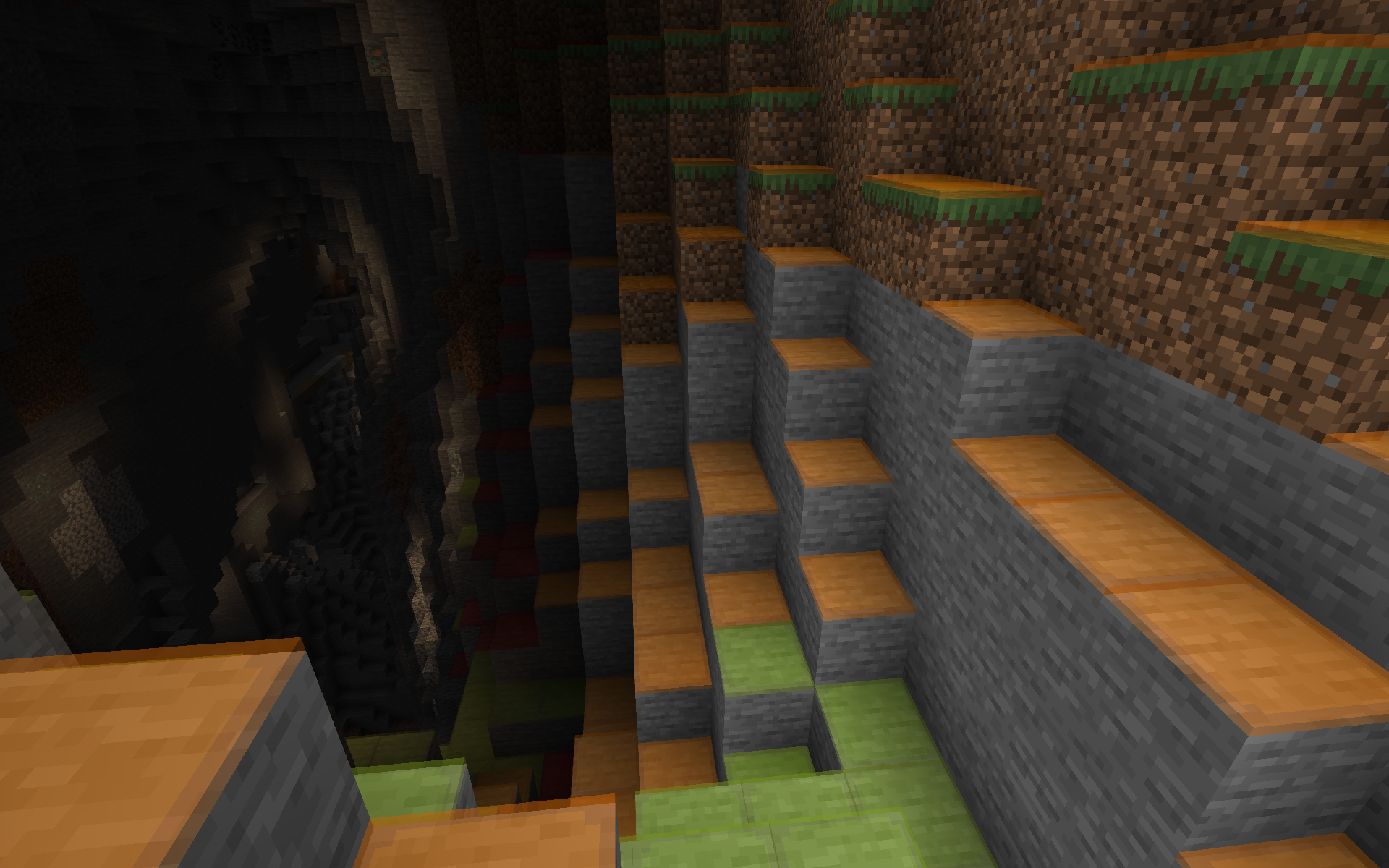 A screenshot of the entrance of a Minecraft cave. Theere are green, orange and red overlays visible. The color corresponds to the light level of the block.